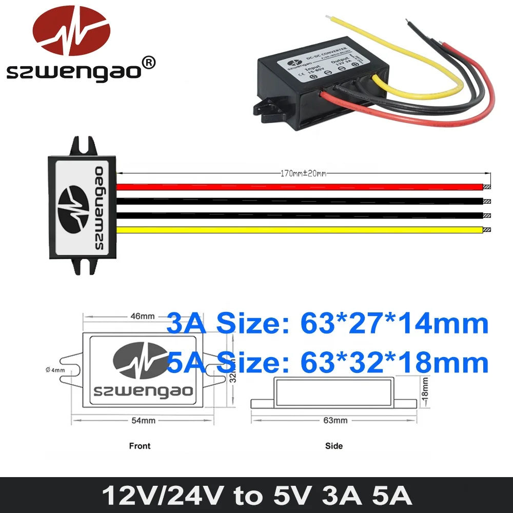 DC LED Power Supply 12V 24V to 5V 3A 5A 10A 15A 20A 30A 40A 50A 60A 300W Step Down DC/DC Converter Regulator for Car Bus Boat