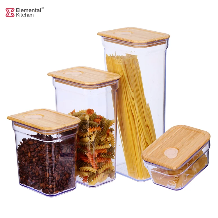 large clear plastic kitchen storage jar set with eco friendly wooden lids
