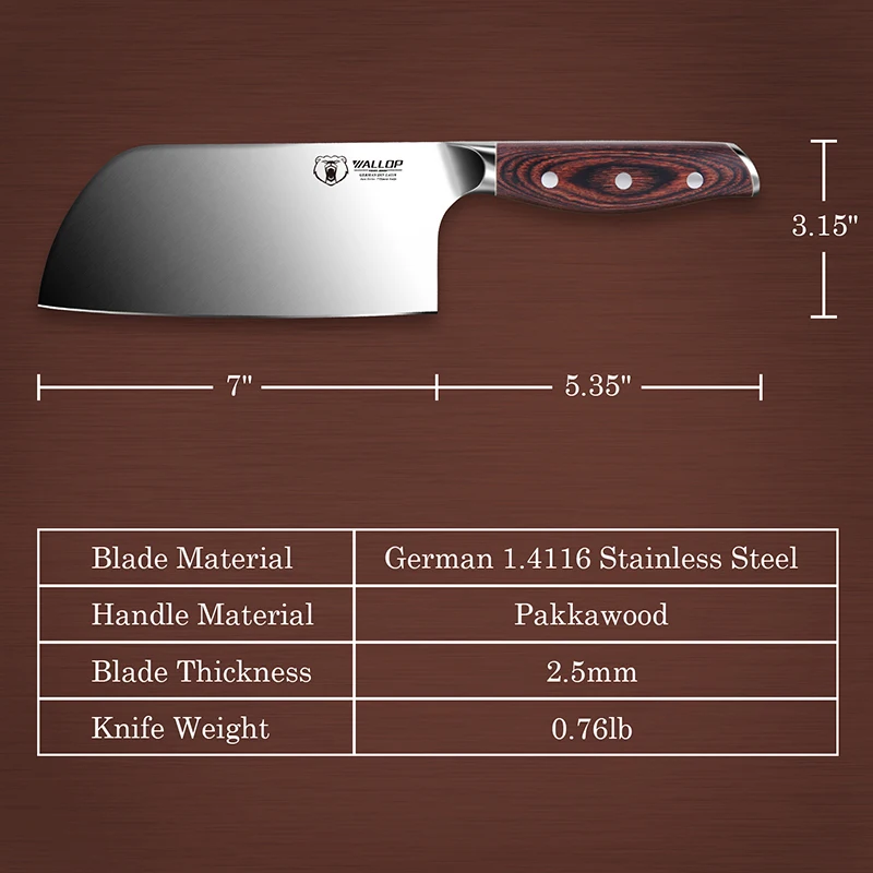 Wallop 7 Inch German 1.4116 Stainless Steel Chopper Knife China Kitchen Meat Cleaver Knife With Pakka Wood Handle