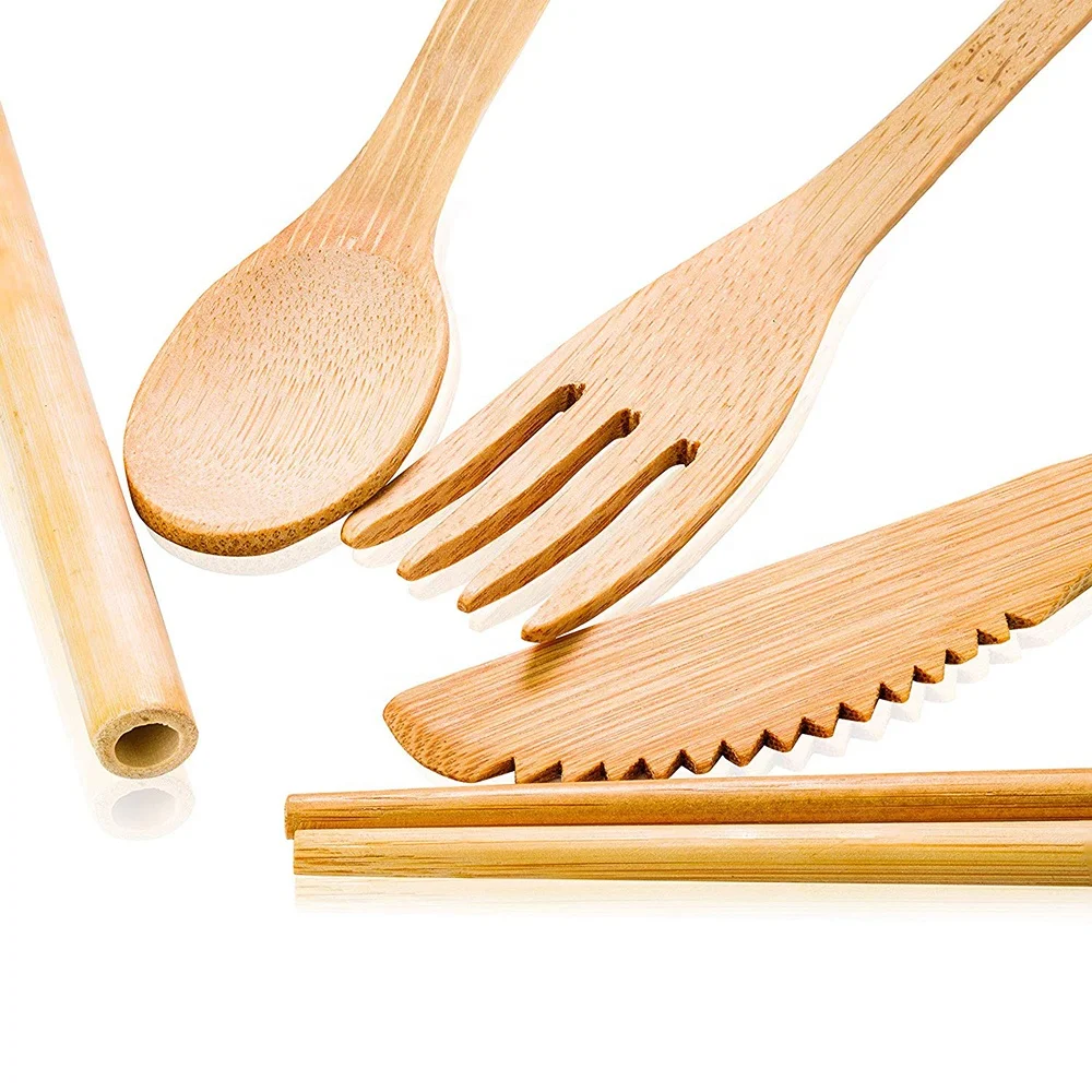 High quality source assured 20cm bamboo knife fork and spoon portable bamboo cutlery kit LFGB dinner set