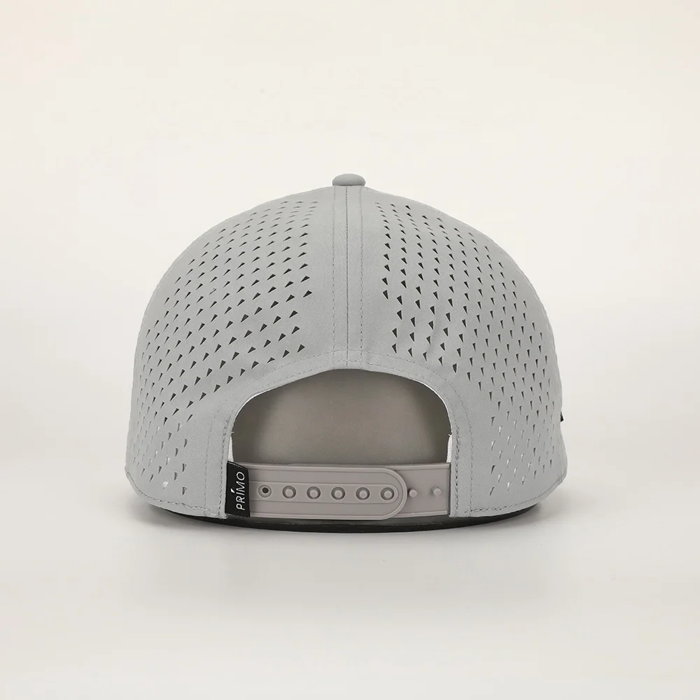 Wholesale Custom PVC Logo 6 Panel Grey Polyester Performance Sport Dad Hat Laser Cut Hole Golf Gorras Rope Baseball Cap