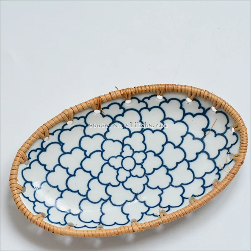 Rattan Ceramic Storage Tray Hand-Woven Fruit/Snack Trays Desktop Storage Crafts Ornament Oval Serving Decorative Ceramic Dish