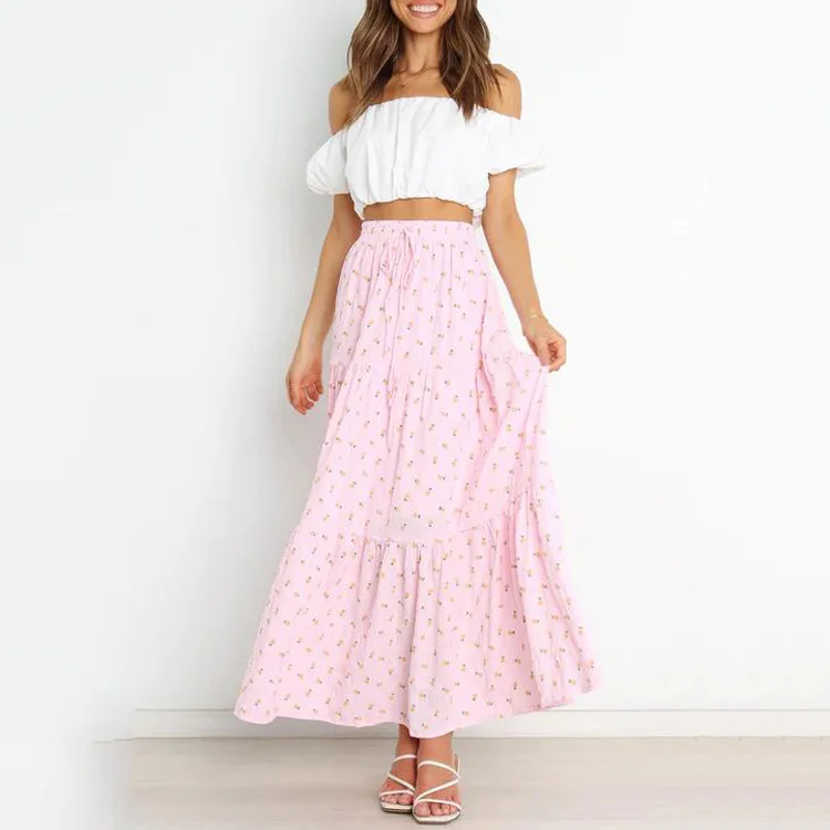 Wholesale Custom Women High Elasticated Waist Floral Print Maxi Skirts