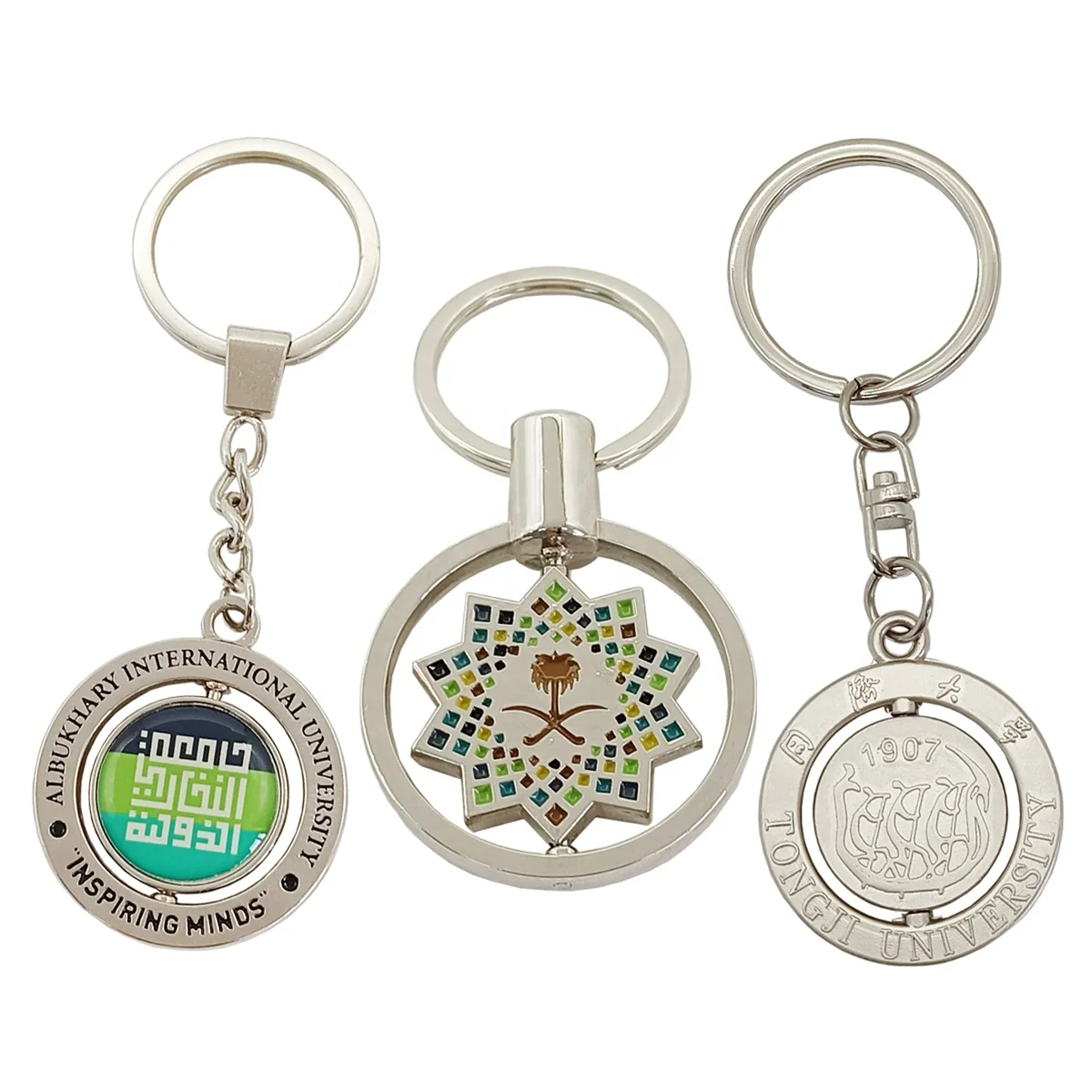 Hot 3d metal keychain factory custom logo double-sided rotating three-dimensional souvenir school badge key chain
