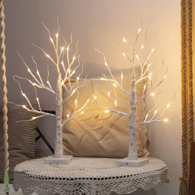 24 LED Silver Birch Tree Light Battery-Operated Home Decoration with Warm White LED String for Christmas Made of Plastic