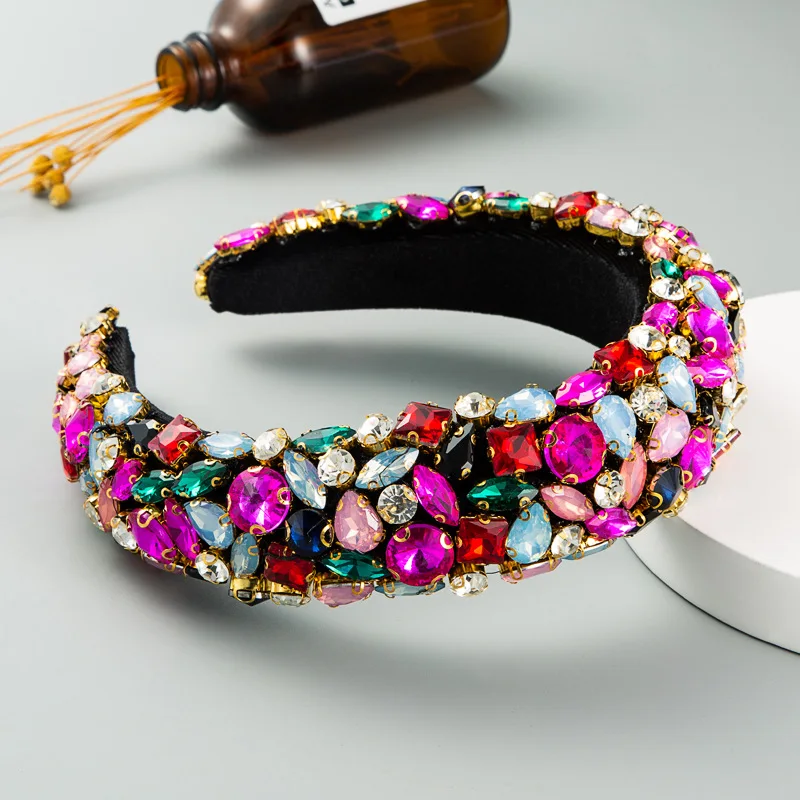 
Dvacaman 2020 Fashion Designer Banquet Luxury Colorful Rhinestone Bling Sponge Wide Headband for Women 