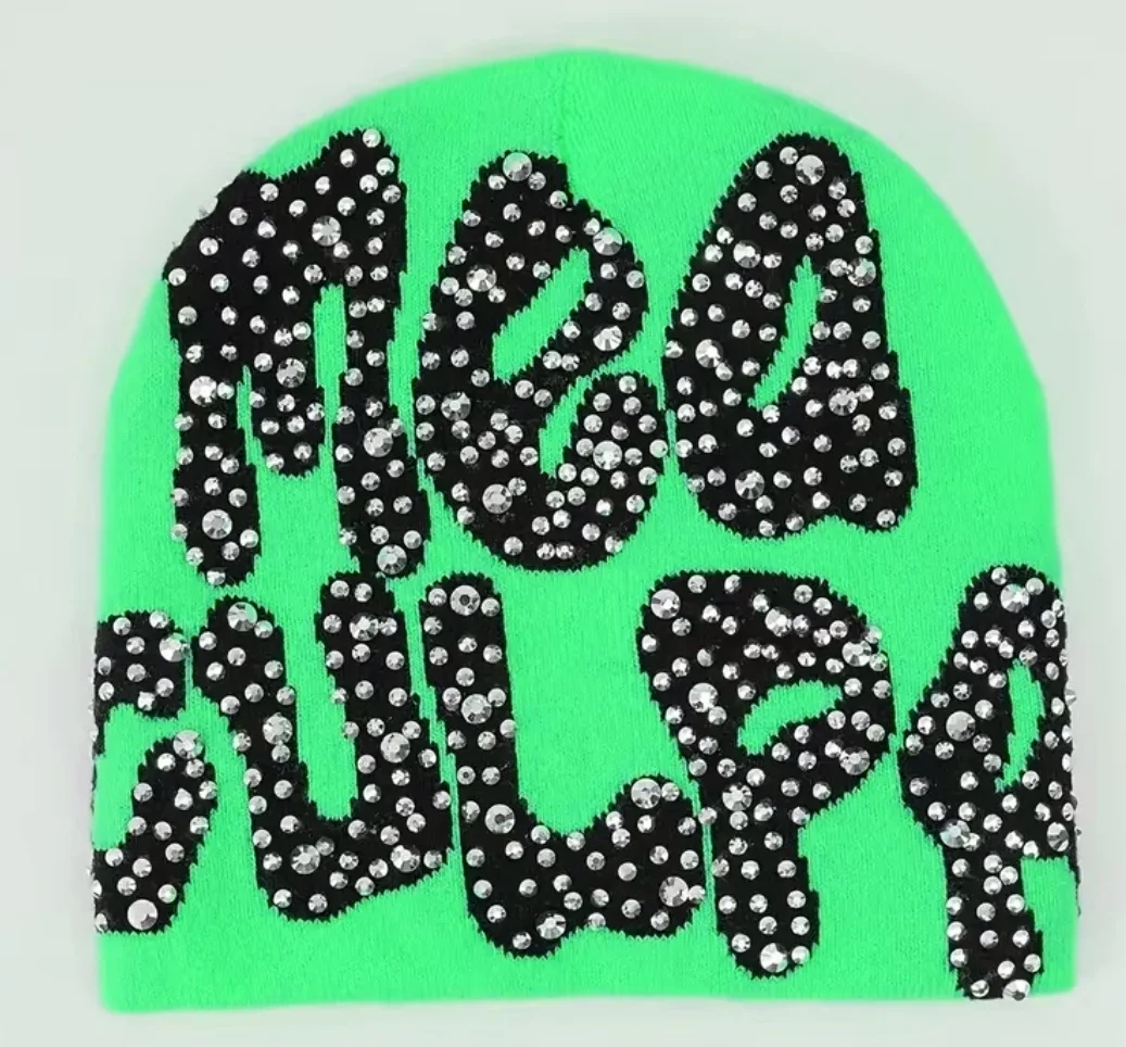 Y2K Style Jacquard Rhinestone Beanie Pattern Knit Skully Cap Beanie Hat for Men Women