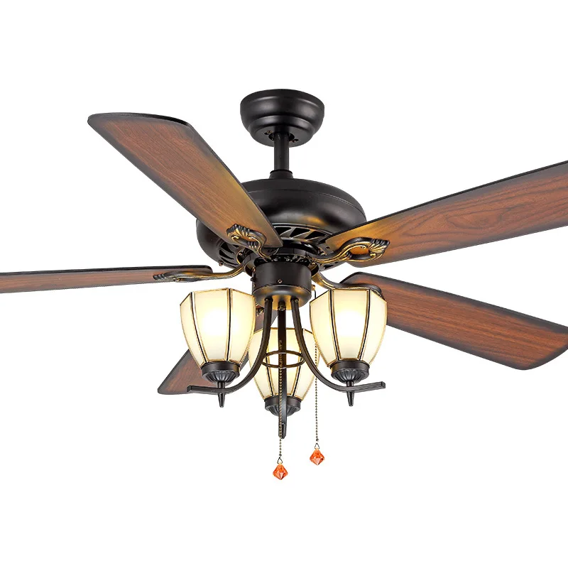 Industrial Solid Wood 5 Blade Remote Control Retro Ceiling Fan Lights Switch Control Ceiling Fans for Home Ceiling