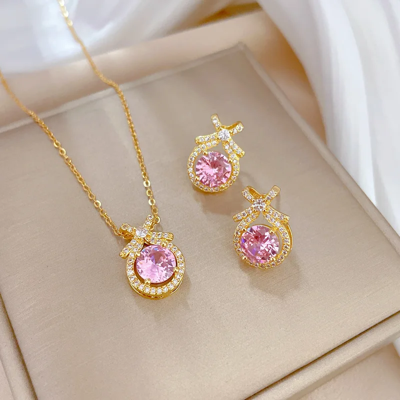 Fashion 18k Gold Plated Stainless Steel CZ Bowknot Pink Round Cut Zircon Pendant Necklace and Earring Jewelry Set for Women