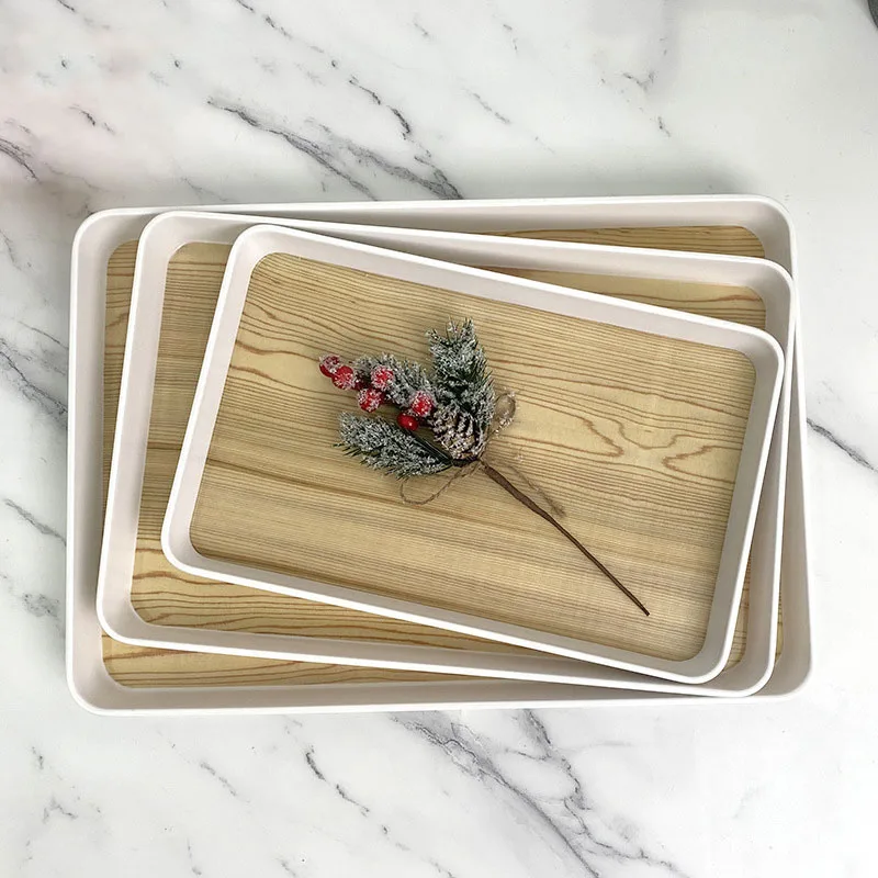 Bamboo Wooden Pattern Rectangle Melamine Tray Plate Dish Set Household Restaurant Use Classic Design Sustainable