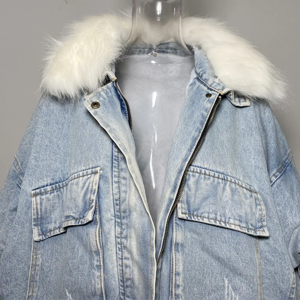 Hot Selling Jeans Fur Jacket Oversize Bat Sleeve Denim Women Parka Fur Removable Genuine Fox Fur Collar Parka