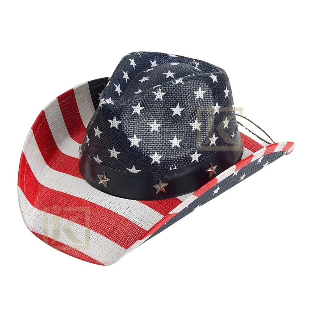 
Wholesale adult men straw hat USA flag cowboy hat with rope promotion western fashion hat  (1600202736210)