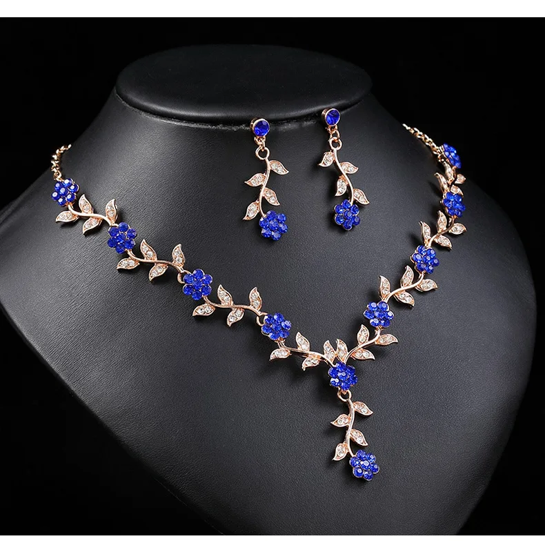 New Design Bridal Wedding Jewelry Set Women Girls Crystal Rhinestone Flower Necklace Earring Set For Dress
