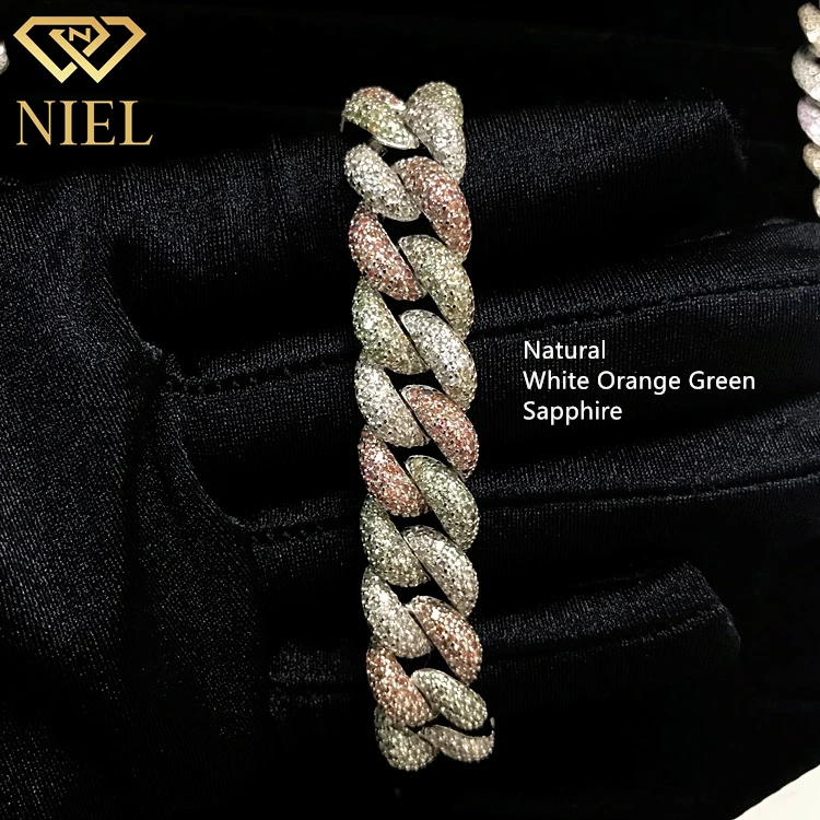 12mm hip hop women jewelry white green orange sapphire silver link iced cuban chain 925 natural stones bracelet