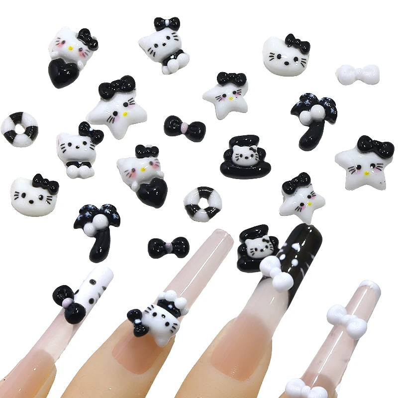 New 3d Black White Cartoon KT Cat Nail Accessories Cute Katy Cat Bow Flat Back Resin Rhinestone Nail Art Charms