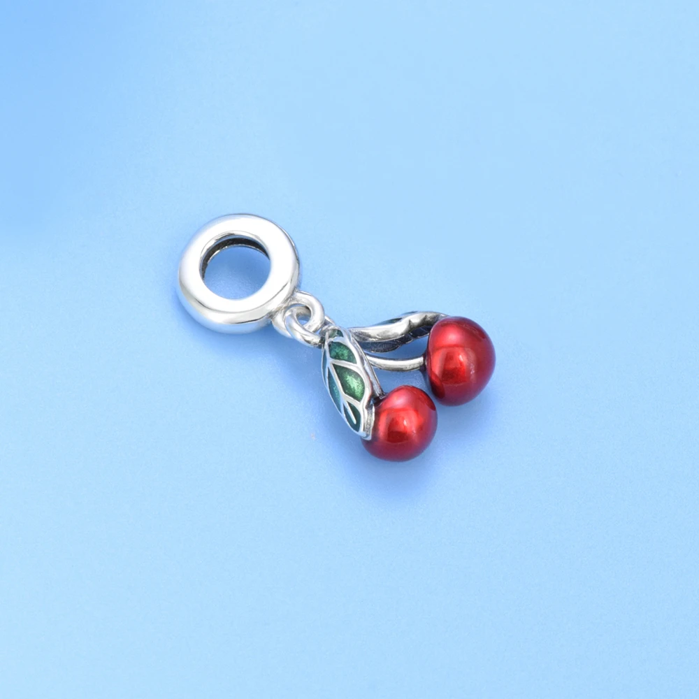 Wholesale high quality s925 sterling silver bracelet charm enamel cherry pendants for DIY jewelry making