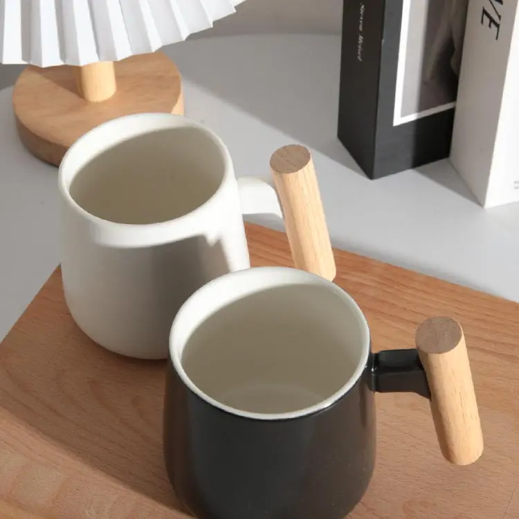 Custom Logo Factory Wholesale Personalized Printed Porcelain Ceramic Tea Milk Coffee Mug Cup With Wooden Handle