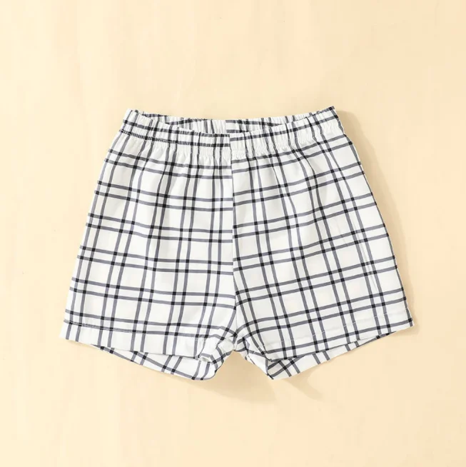 2pcs/Set Summer Wear Boys Black Cartoon Bear Print Short Sleeve T-shirt Matching Plaid Shorts Set For Boys Kids Clothes