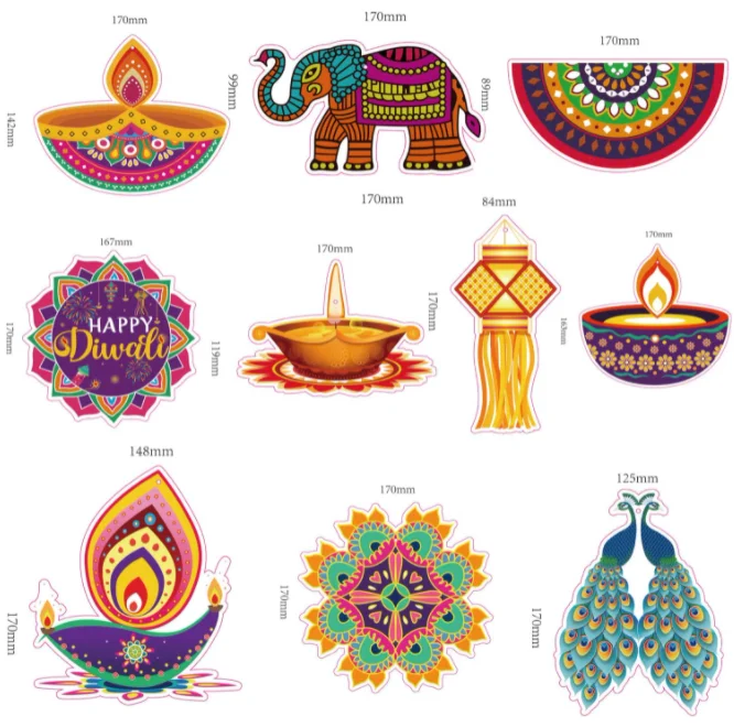 Happy Diwali Party backdrop peacock Rangoli Ganesha Diya ceiling hanging swirls Hindu ornaments garland festival of lights Decor