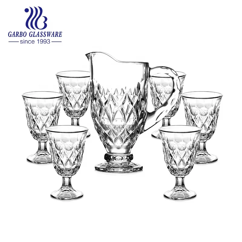 
Wholesale High-white Vintage Crystal 7pcs Iced Water Drinking Glass Jug Set Drinking Beverage Glass Pitcher Set Serving Table 