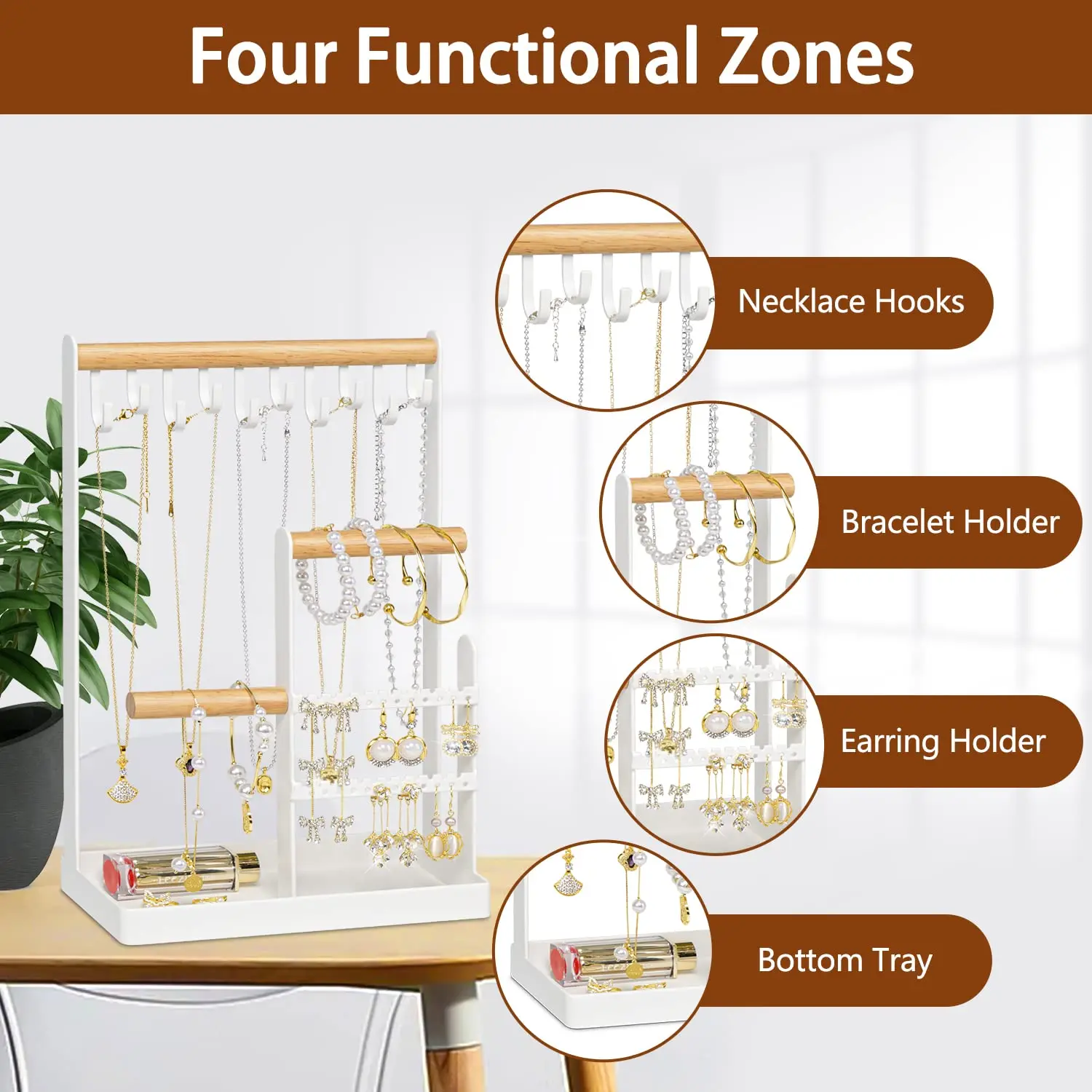 Jewelry Organizer Stand With Ring Holder 4 Tier Jewelry Tower With 10 Hooks Necklace Organizer And Watch Bracket Holder