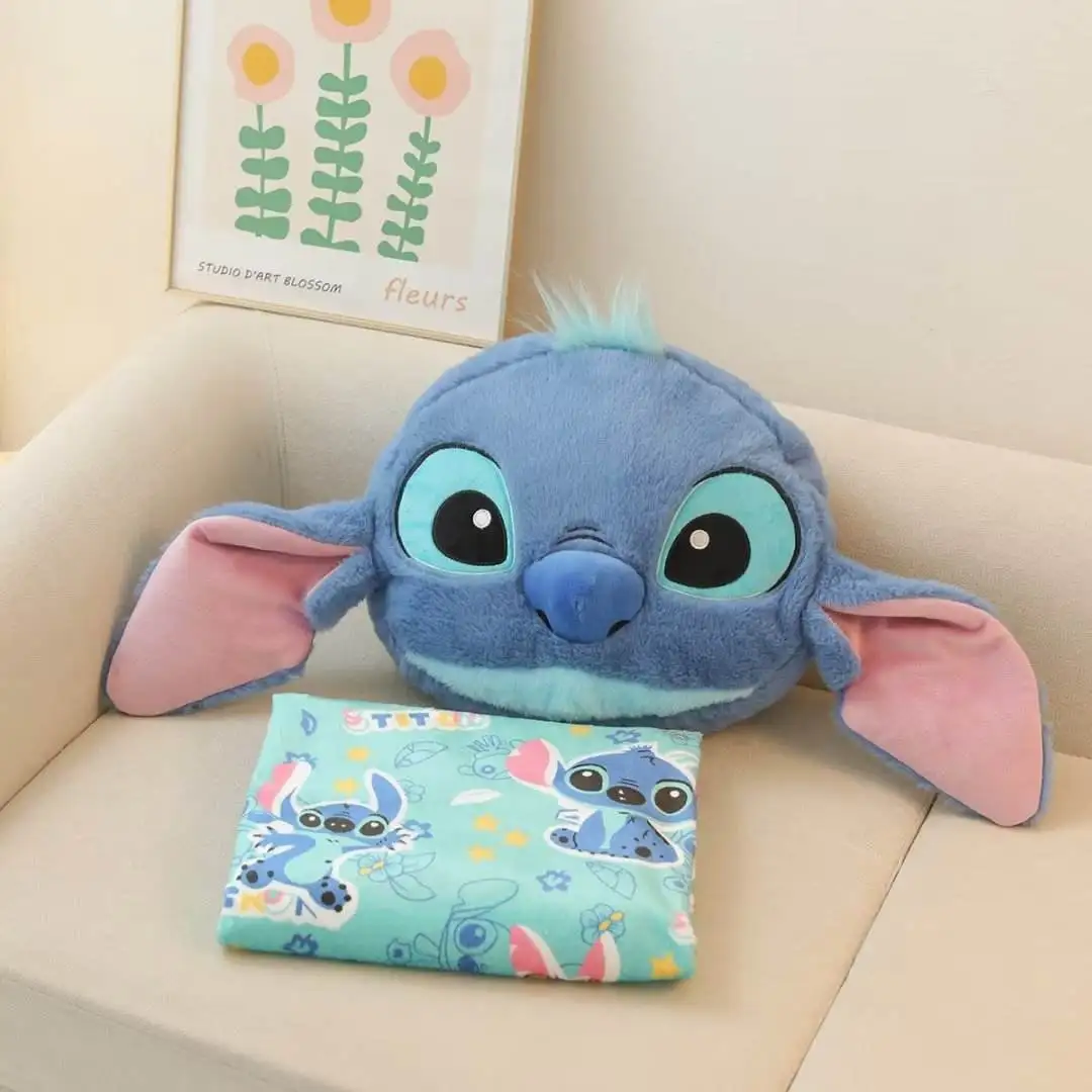 Kawaii Stitch Blanket and Pillow Cartoon Anime Doll with Soft Cotton Plush Toys and PP Filling Nap Blanket for Kid Birthday Gift