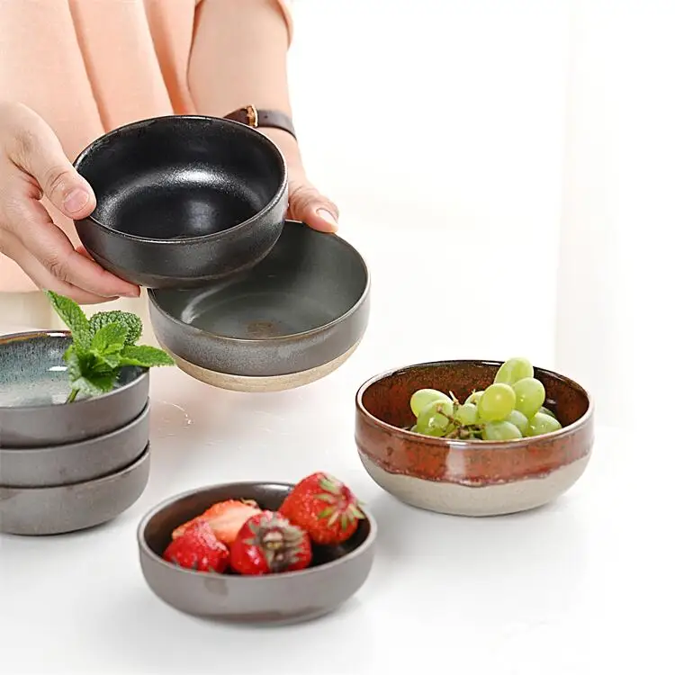 Custom OEM colorful reactive glaze retro rustic stoneware porcelain ceramic bowl