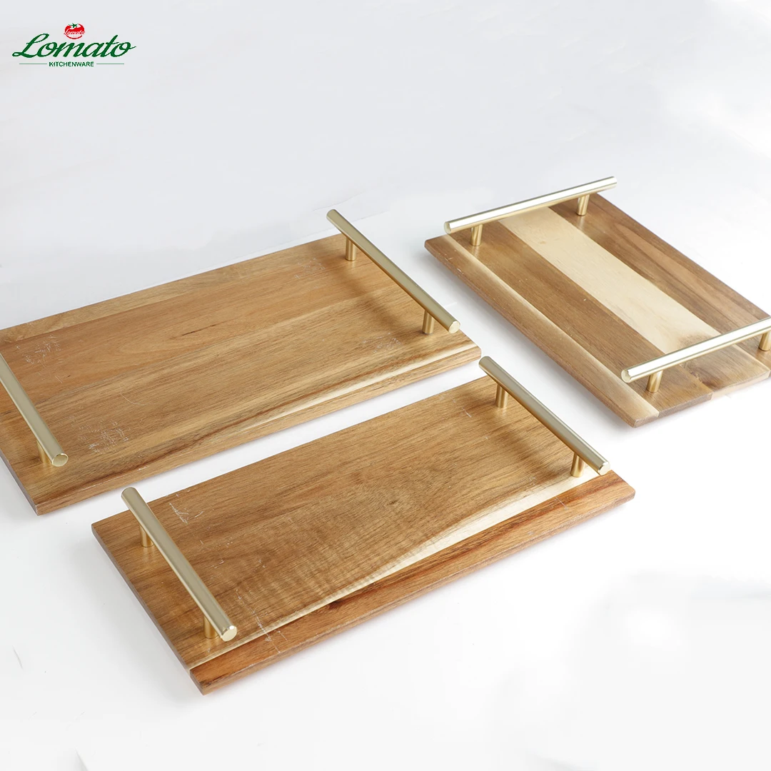 wholesale Factory Sale Premium Natural walnut acacia wooden trays with golden handles for breakfast