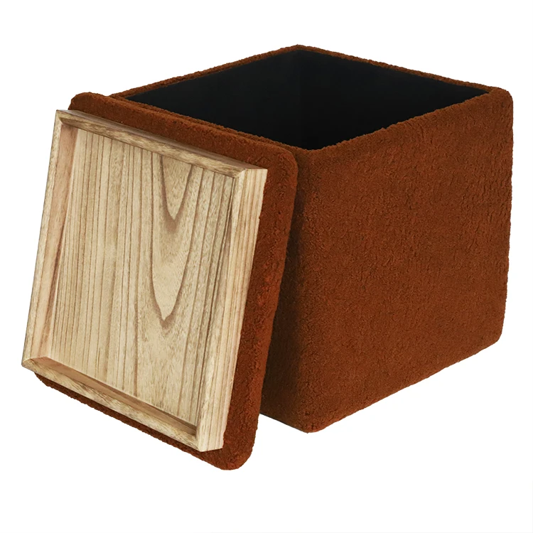 Ottoman pouf coffee table storage stool Brown cube velvet stool with wooden storage tray for home hotel office