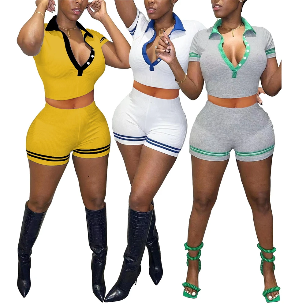 Hot Sale Ribbed Button Splice Polo Collar Short Sleeve Crop Tops And Slim Shorts Women Summer Casual Two Piece Sets