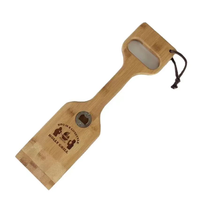Luxury Outdoor Bamboo BBQ Brush Scraper Eco-Friendly Wooden Grill Cleaning Tool with Bottle Opener and Handle