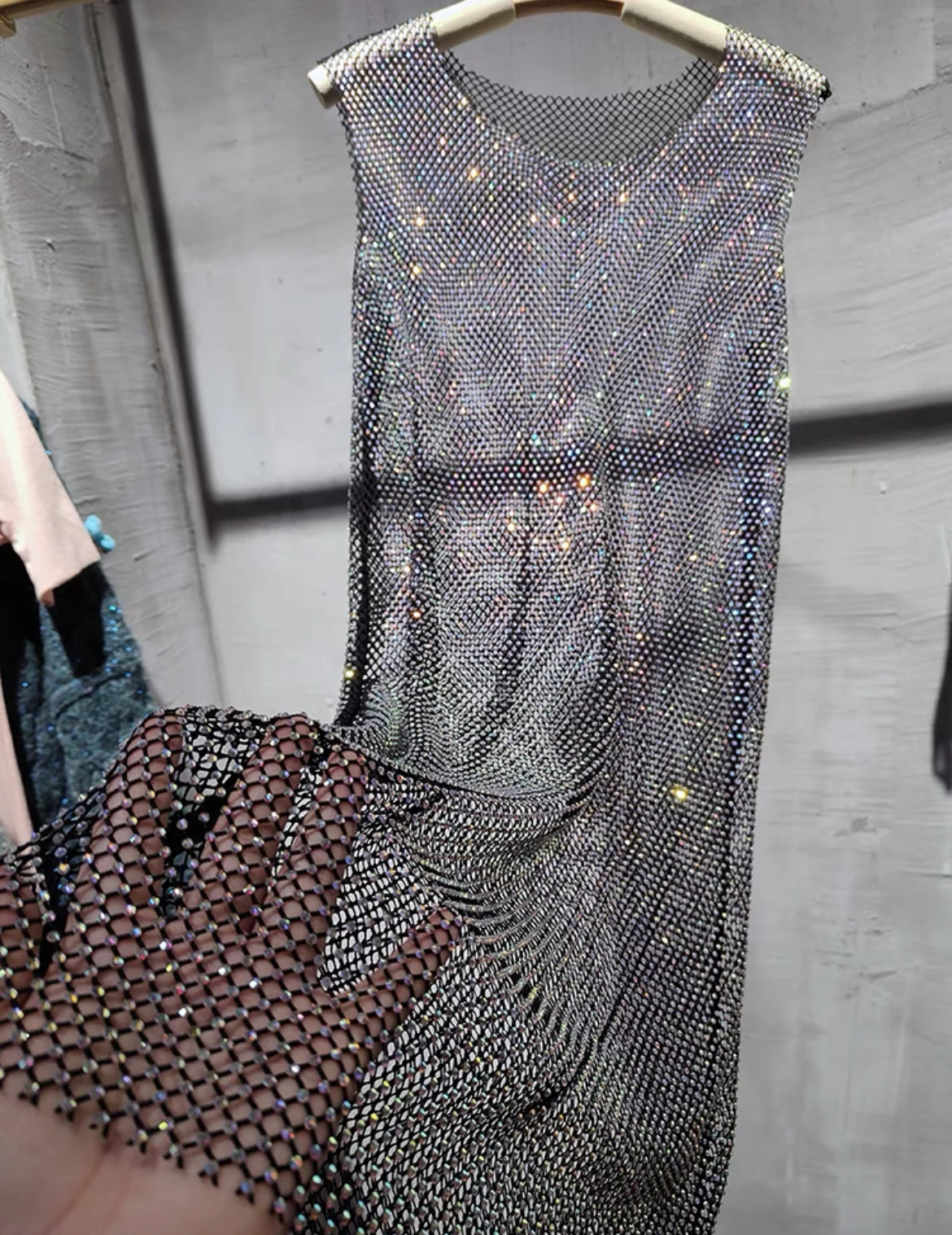 Custom High End Rhinestone Glitter Fabric Mesh Elastic Rhinestone Fabric Mesh Crystal Net Fishnet Rhinestone Mesh Fabric