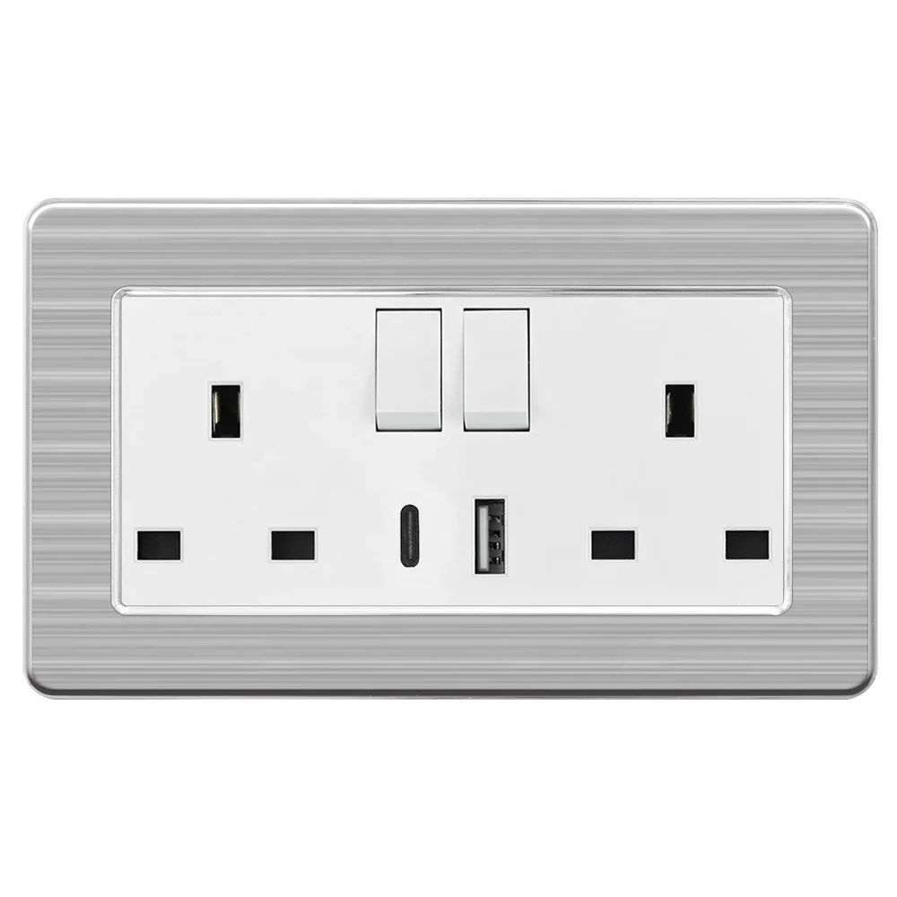 Uk 2 Gang Female Multi Electric Power Plug Socket With Type C Usb Wall Switches