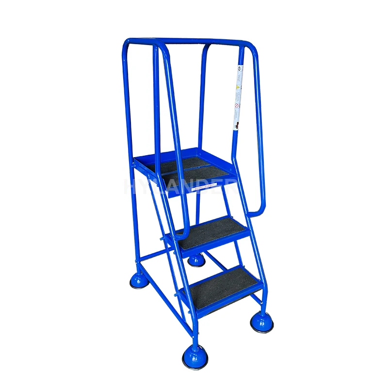 Mobile ladder safety steps warehouse metal platform step ladder with 4 wheels cupped protection feet 3 step platform ladder