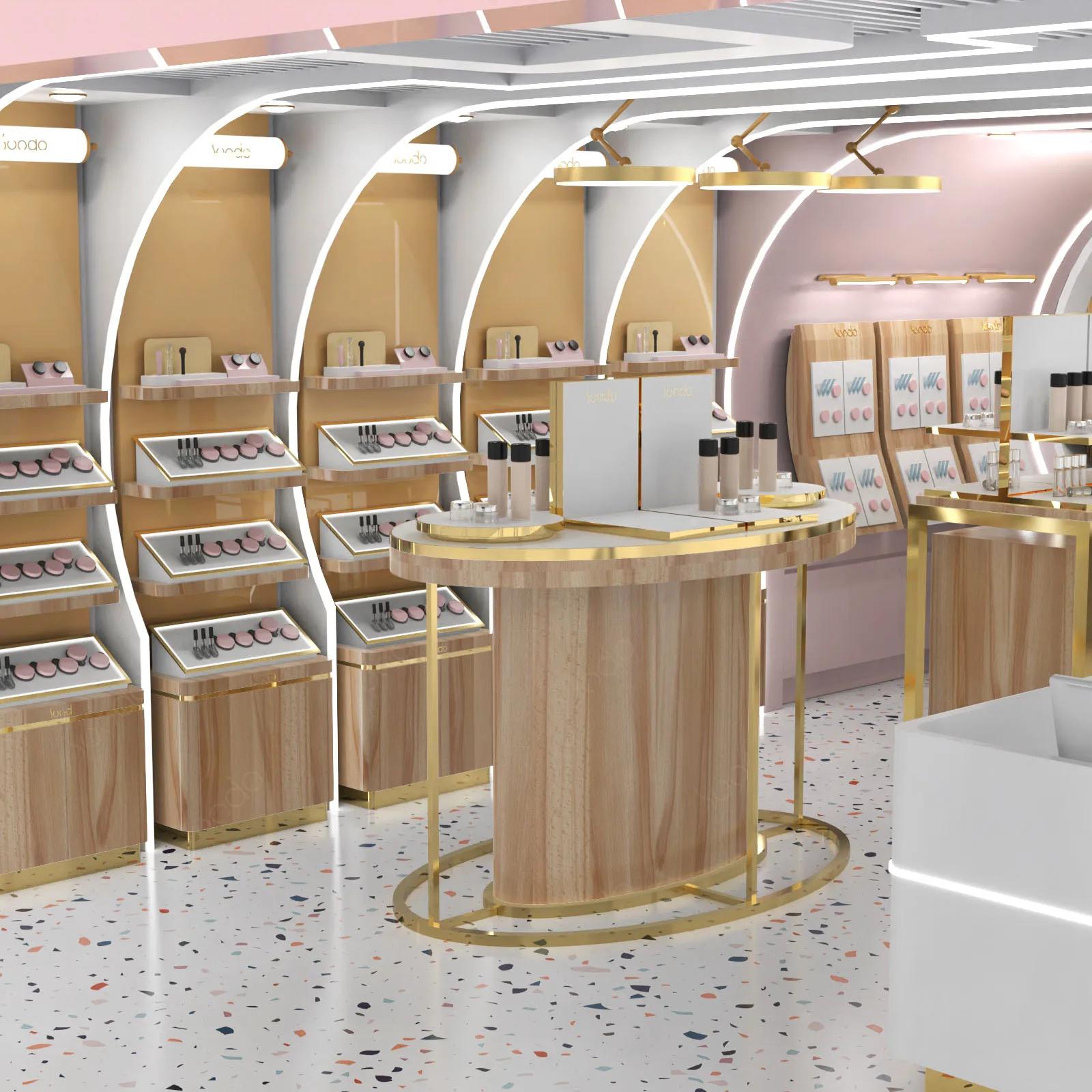 SUNDO wholesale price Beauty showcase shop furniture supply rose gold cosmetic display cabinet Wooden cabinet for perfume