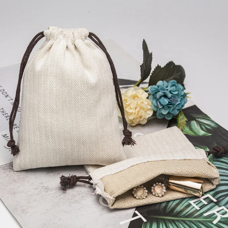 Custom Logo Recyclable High Quality Herringbone Cotton Drawstring Dust Packaging Bag Jewelry Gift Pouch