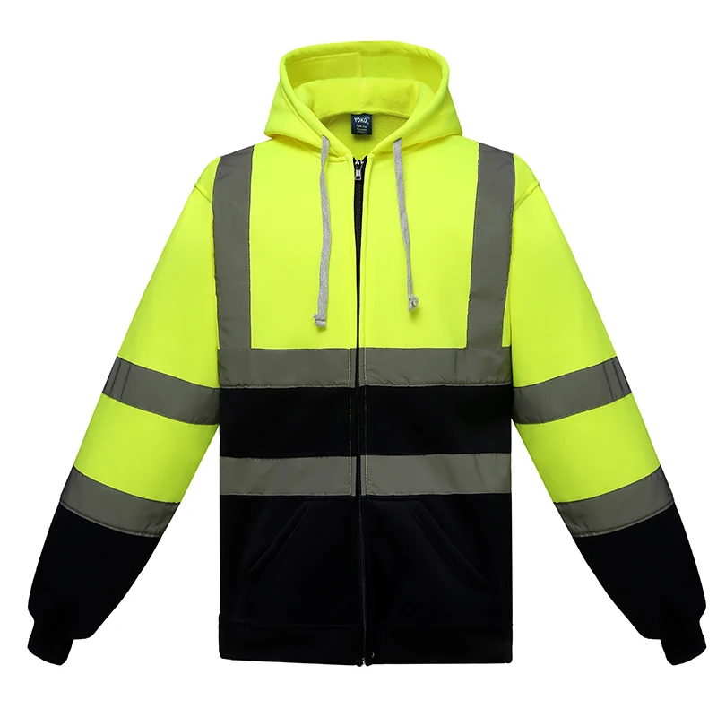 High Visibility Hoodies Reflective Pullover Sweater EN ISO 20471 ANSI Class 3 Flu Yellow Long Sleeve Safety Sweatshirt