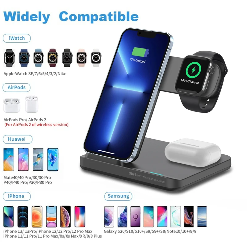 15W Qi Mobile Phone Fast Charging Docking Station 3 in 1 Wireless Charger Stand for Iphone Iwatch Airpods Pro