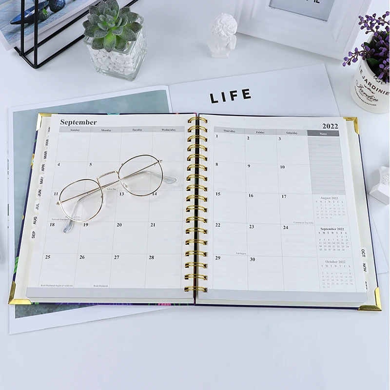 Factory supply 2022 golden foil B5 spiral wire O ring journal monthly weekly daily agenda custom printing