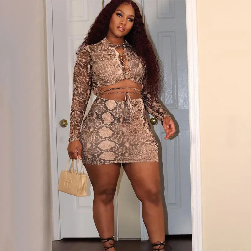 BR2116 L to 4XL Plus size bandage hollow out sexy snake print two pieces ladies women skirt suits sets