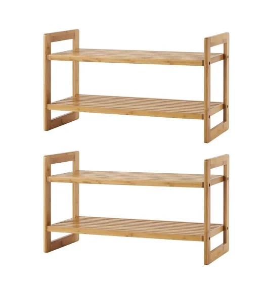 2pcs of 2-Tier Shoes Rack, Bamboo Stackable Shoe Storage Organizer Unit Entryway Shelf, after assembly