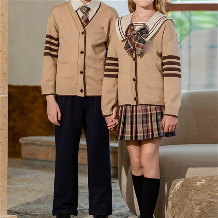 RG-Modern design 3 pieces set cardigan shirts and bottoms sets brown school uniform