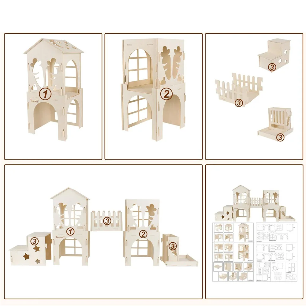 Wooden rabbit hideout Multi-room small animal dollhouse suitable for rabbit guinea pig hedgehog velvet mouse