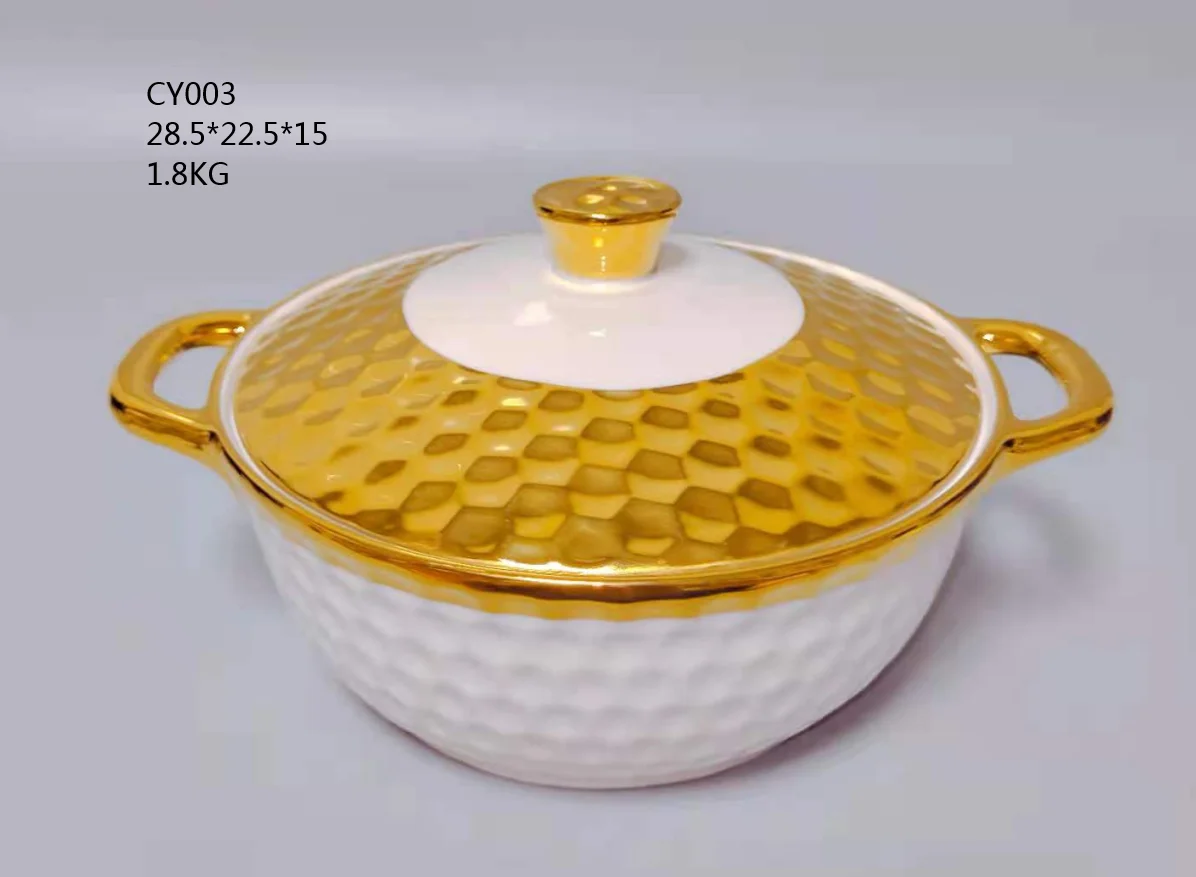 Middle Eastern Style Soup Tureen Gold Plated With Lid Modern Tureen Wholesale Quality Porcelain Soup Pot