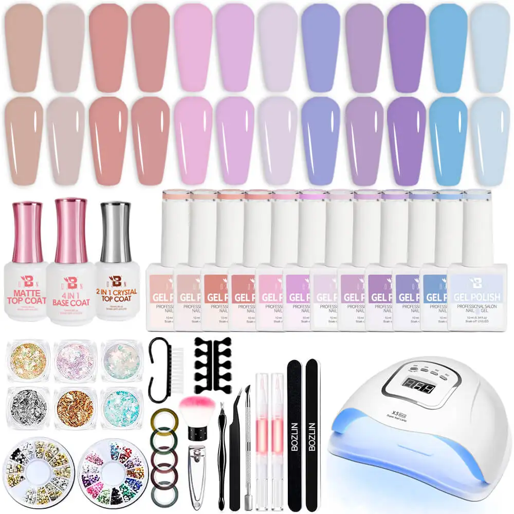BOZLIN 10ml 12 Colors Semi Permanent Soak Off Gel Nail Polish Kit for Beginner Starter with Lamp and Manicure Tools
