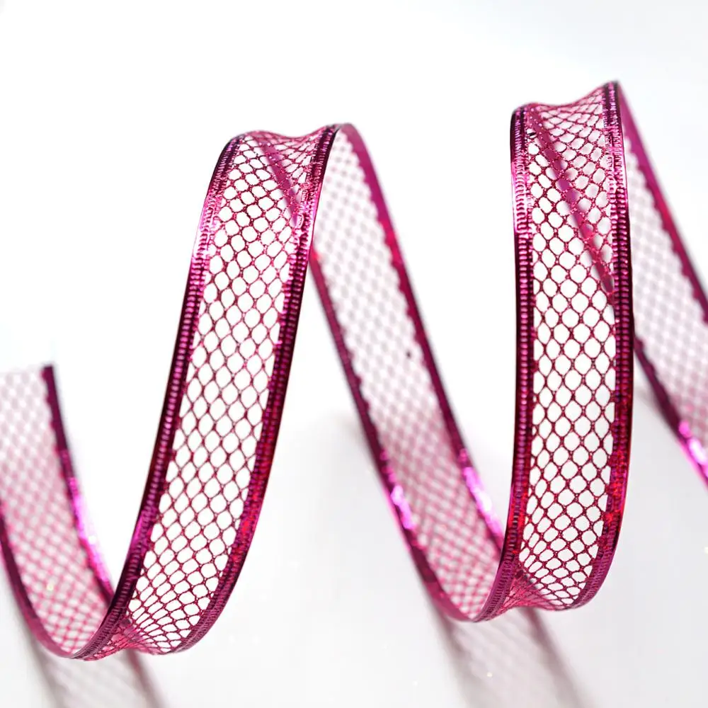 Bulk Red Metallic Flowers Wire Edge Mesh Wired Ribbon