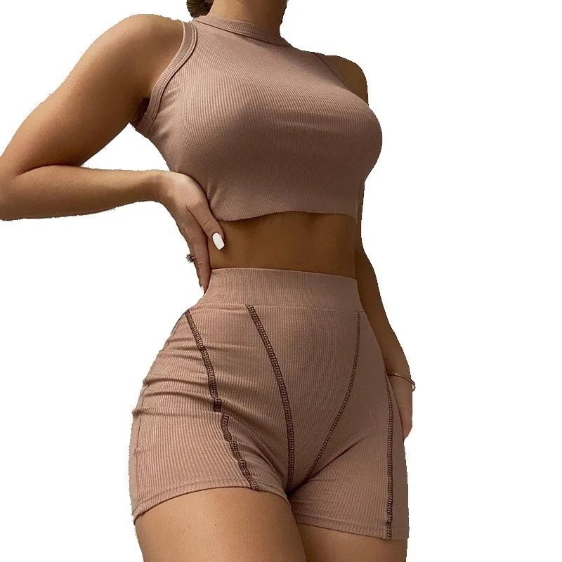Summer Sport Women Shorts Set Two Pieces One Suit Ribbed Knitted Crop Top And Biker Shorts Booty Shorts Set Tracksuit