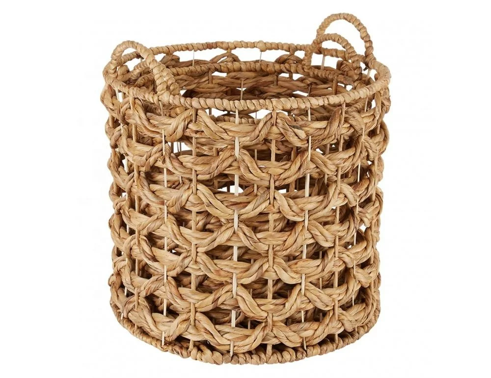 Round water hyacinth storage basket with metal handles and natural color Storage Boxes & Bins