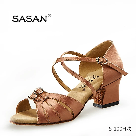 SASAN S-100D Hot Sale Flesh Satin Latin Shoes Double Buckle Front Part Low Heel Dance Shoes S-100