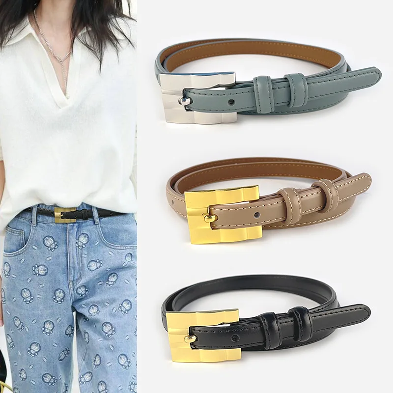 Newest Designs Gold Silver Buckle Genuine Leather Thin Belt Female Cowhide Waist Belts Decoration Jeans